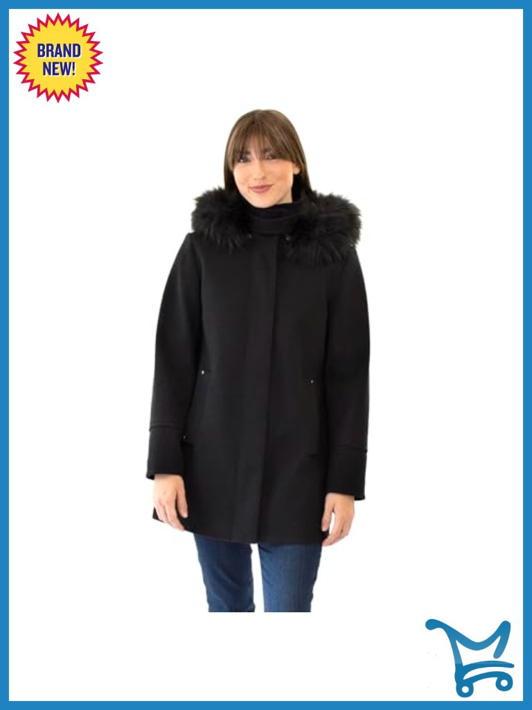 Faux Wool Mid-Length Coat With Detachable Faux Fur Hood